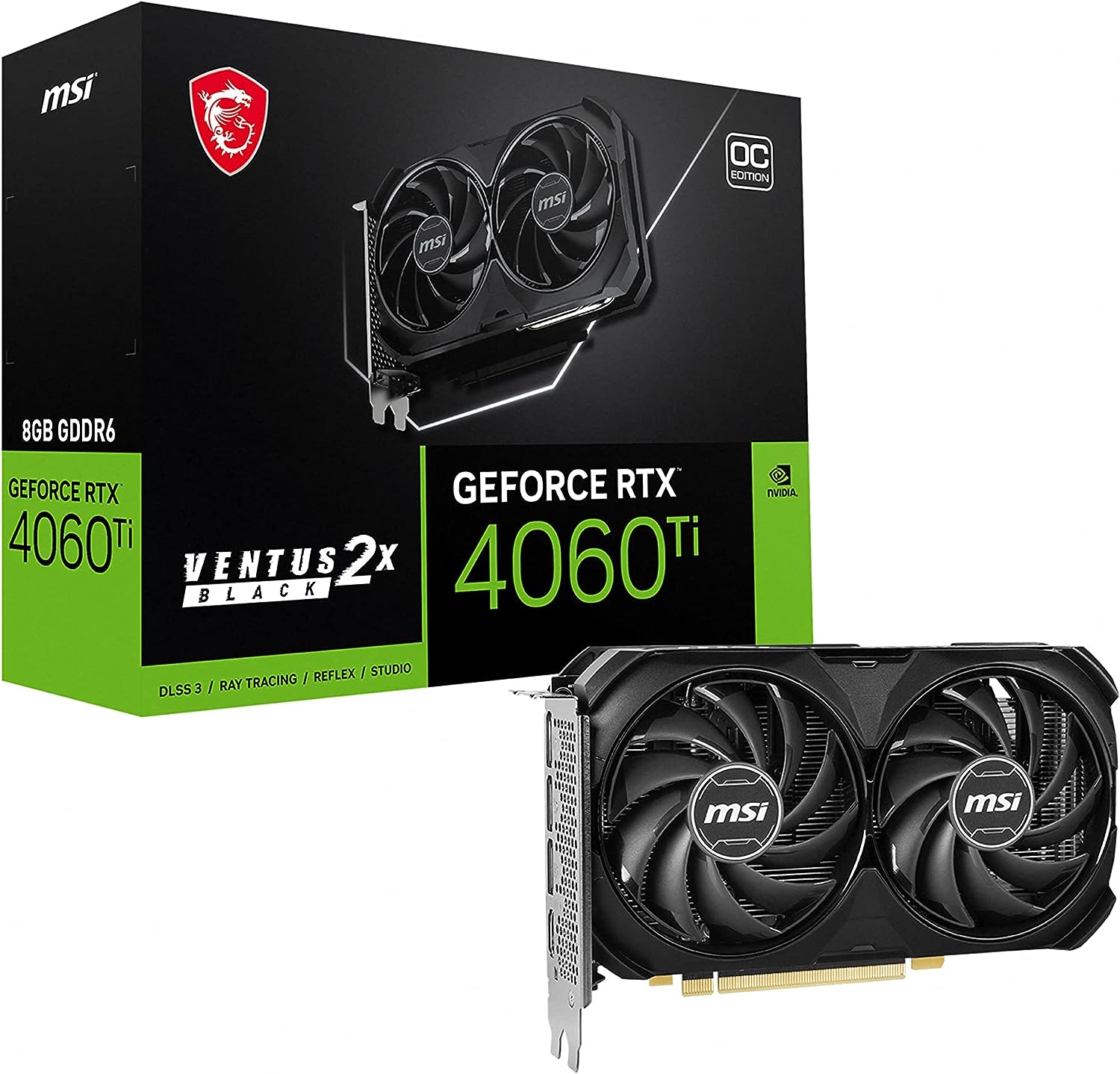 MSI GeForce RTX 4060 Ti Ventus 2X Black 8G OC, 8GB GDDR6, HDMI, 3x DP