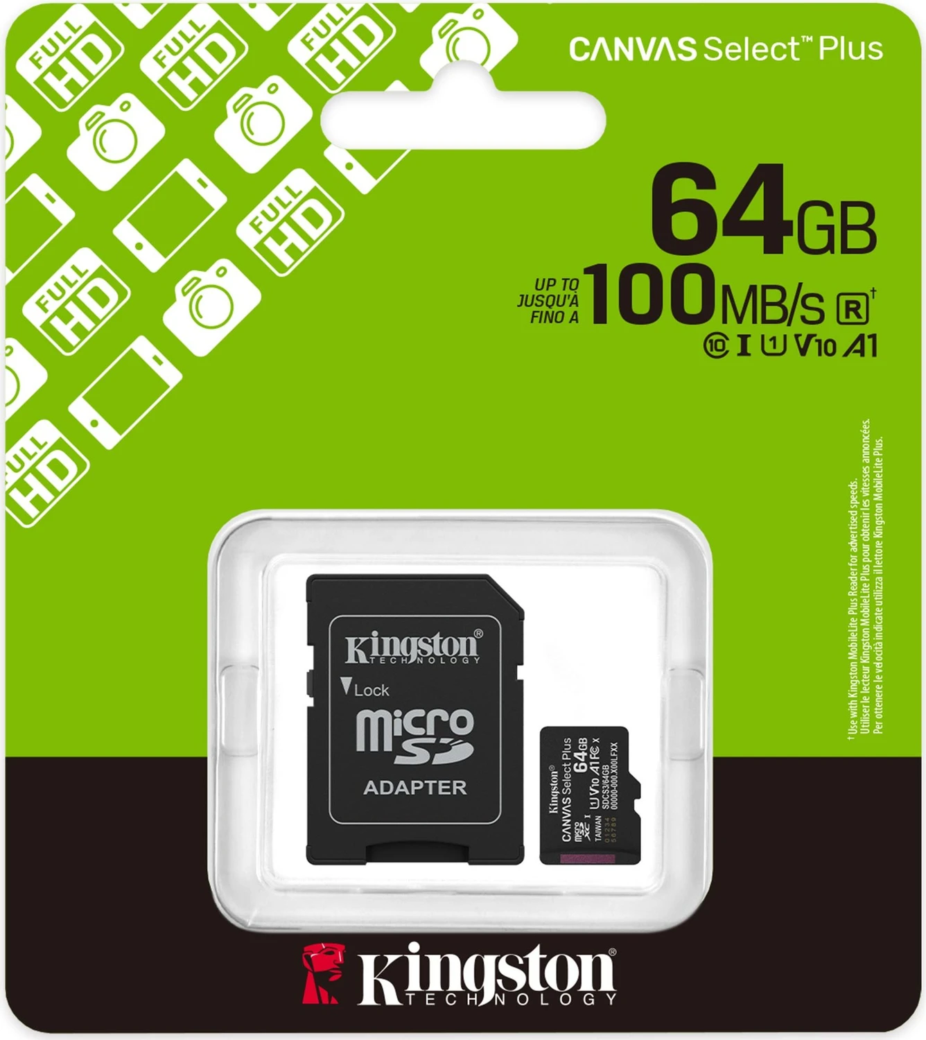 Kingston Canvas Select Plus Gen3 R100 microSDXC 64GB Kit, UHS-I U1, A1, Class 10
