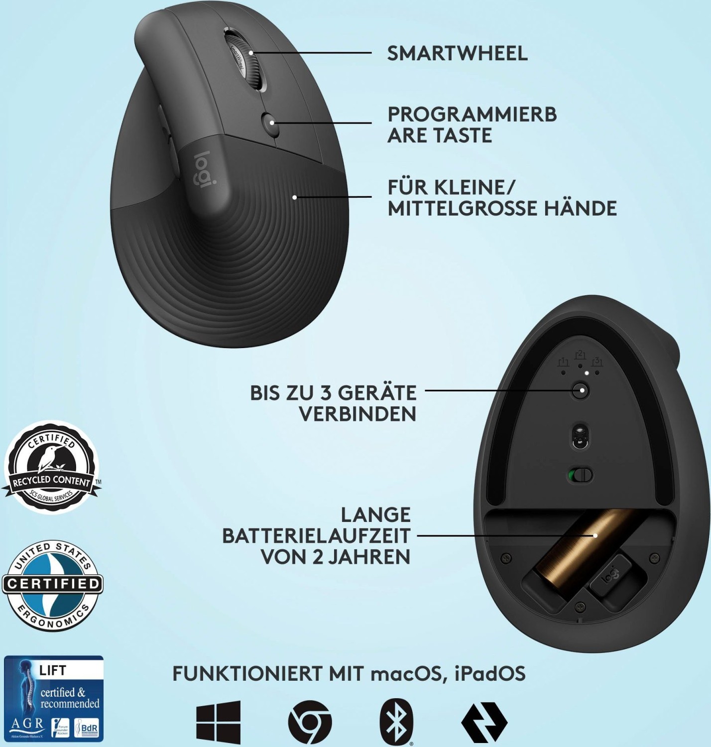 LOGITECH Lift Vertikale Ergonomische Maus, Graphite, Logi Bolt, USB/Bluetooth