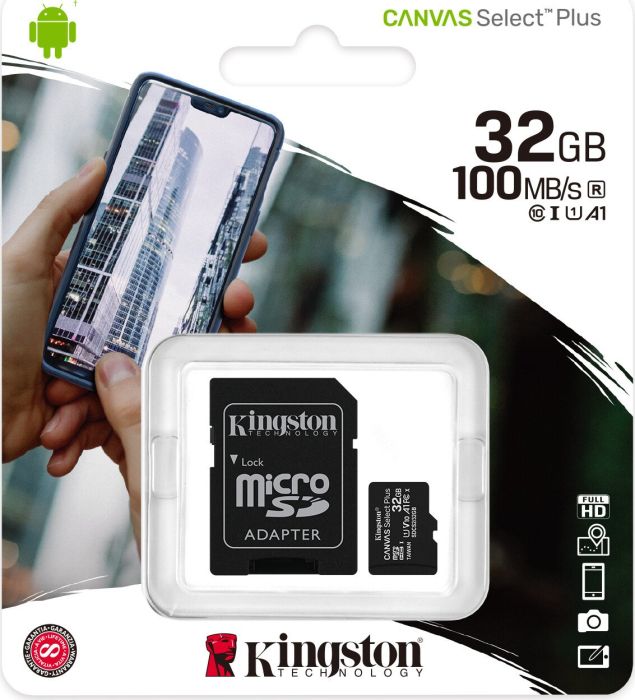 32GB Kingston Canvas Select Plus R100 microSDHC Kit, UHS-I U1