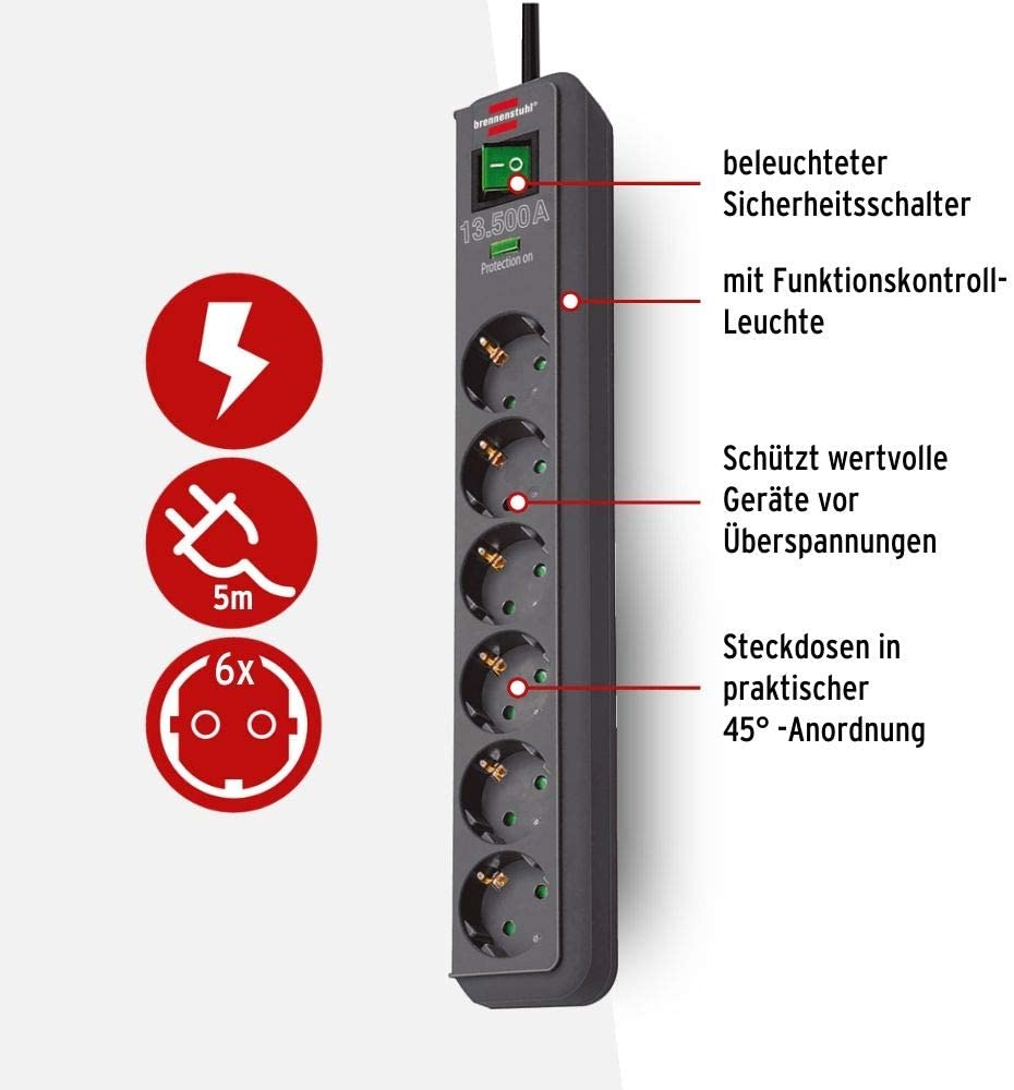Brennenstuhl Eco-Line mit Schalter, 6-fach, 5m, anthrazit