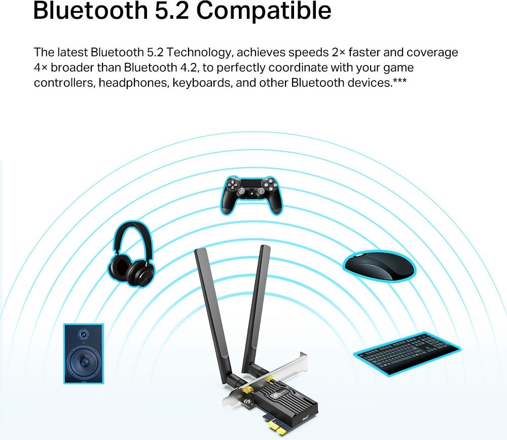 TP-Link AX1800, 2.4GHz/5GHz WLAN, Bluetooth 5.2, PCIe x1