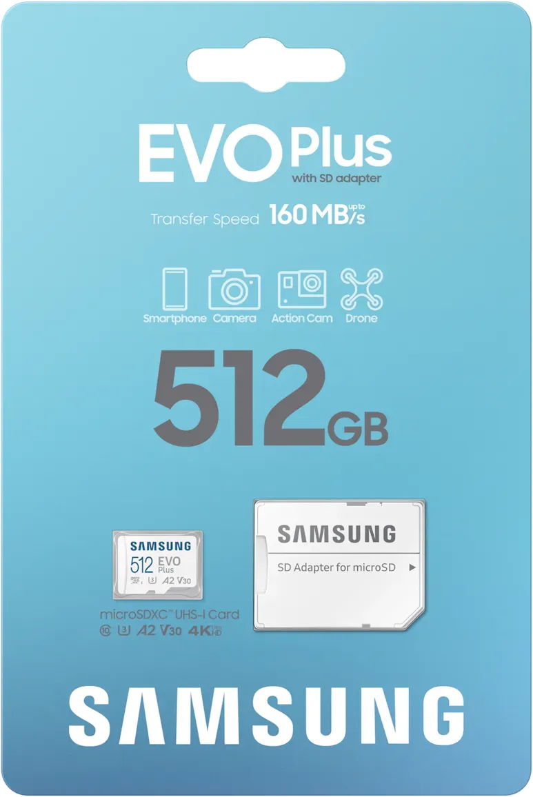 512GB Samsung EVO Plus 2024 R160 microSDXC Kit, UHS-I U3, A2, Class 10