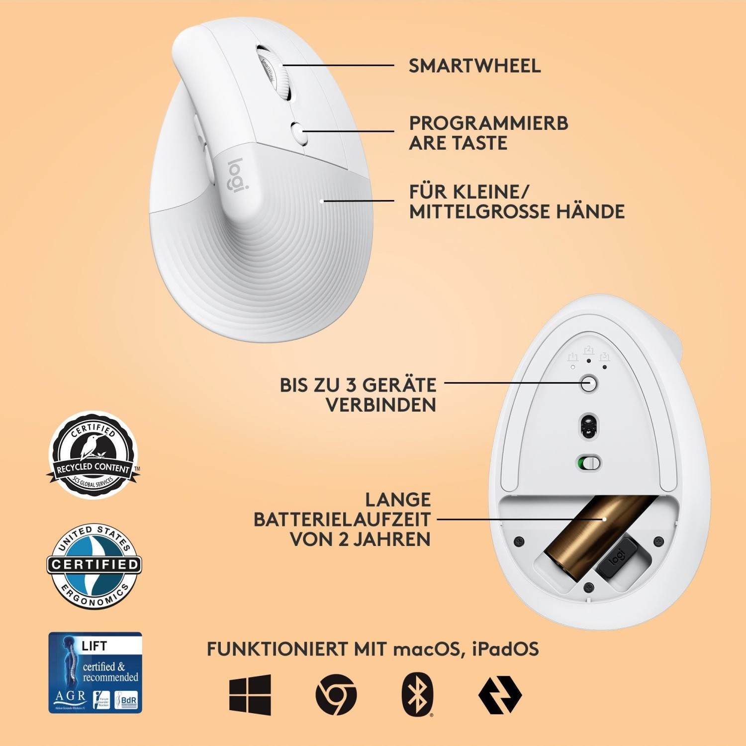 LOGITECH Lift Vertikale Ergonomische Maus, Rose, Logi Bolt, USB/Bluetooth