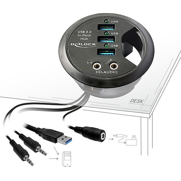 DeLOCK Tisch-Hub, USB 3.0 Hub/HD-Audio, 3-port - 61990